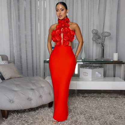 Sexy Halterneck Large Flower Evening Dress for Women