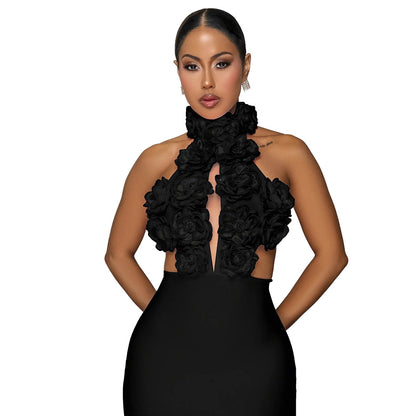 Sexy Halterneck Large Flower Evening Dress for Women