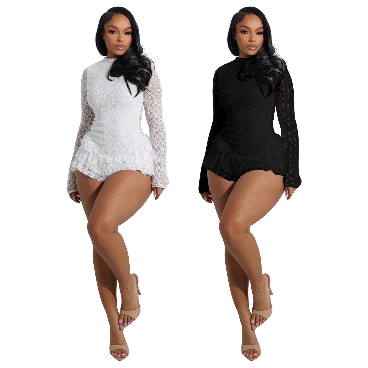 Sexy Lace Backless Long Sleeve Jumpsuit with Ruffled Edge