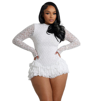 Sexy Lace Backless Long Sleeve Jumpsuit with Ruffled Edge