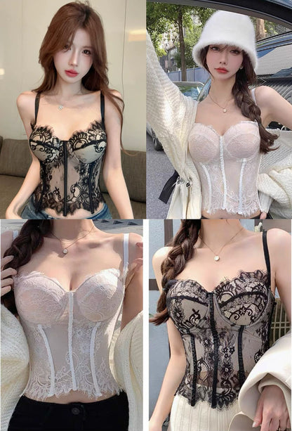 Sexy lace see-through fishbone eyelash slimming vest
