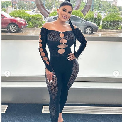 Sexy lace-trimmed long sleeve jumpsuit