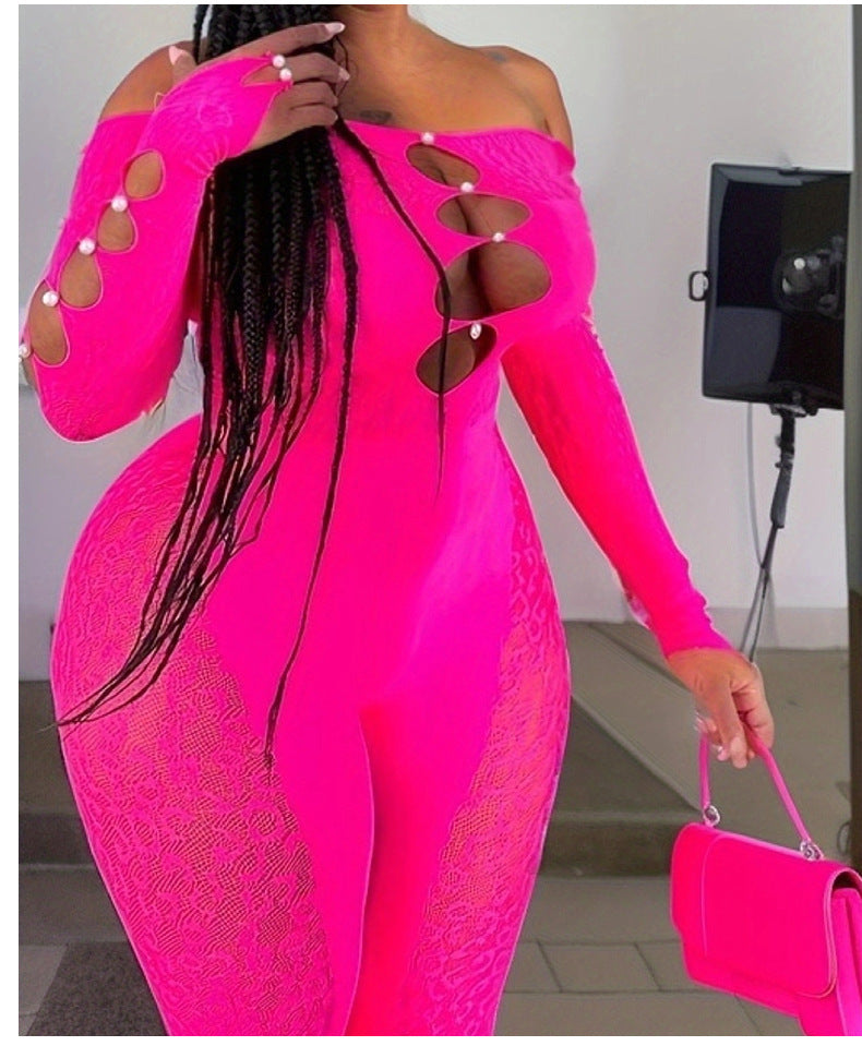 Sexy lace-trimmed long sleeve jumpsuit