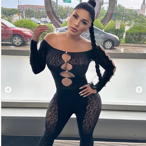 Sexy lace-trimmed long sleeve jumpsuit