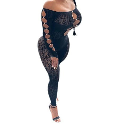 Sexy lace-trimmed long sleeve jumpsuit