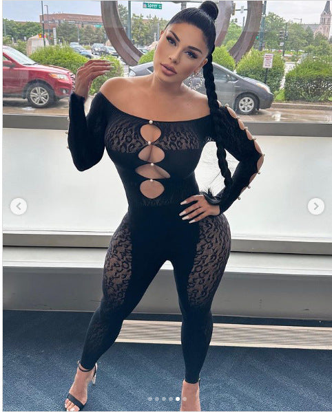 Sexy lace-trimmed long sleeve jumpsuit