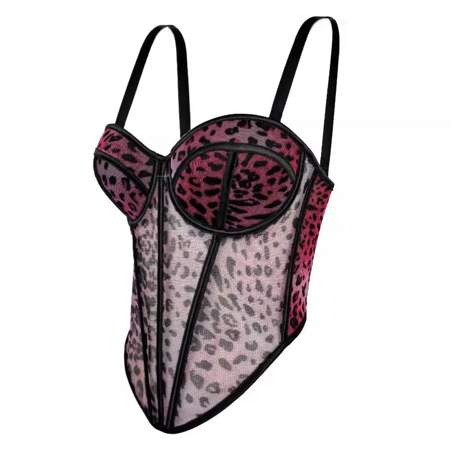Sexy Leopard Print Mesh Lace Fishbone Bra