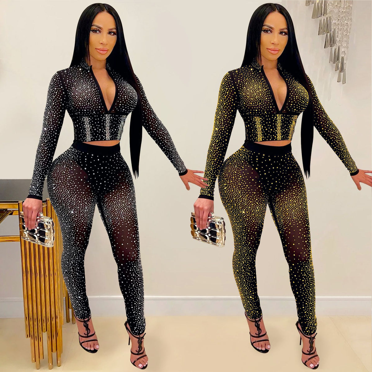 Sexy Mesh Rhinestone Long Sleeve Two-Piece Set