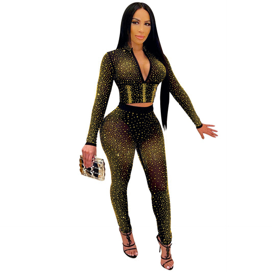Sexy Mesh Rhinestone Long Sleeve Two-Piece Set