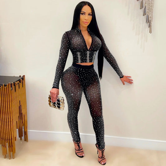 Sexy Mesh Rhinestone Long Sleeve Two-Piece Set