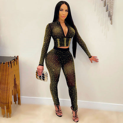 Sexy Mesh Rhinestone Long Sleeve Two-Piece Set