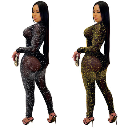 Sexy Mesh Rhinestone Long Sleeve Two-Piece Set