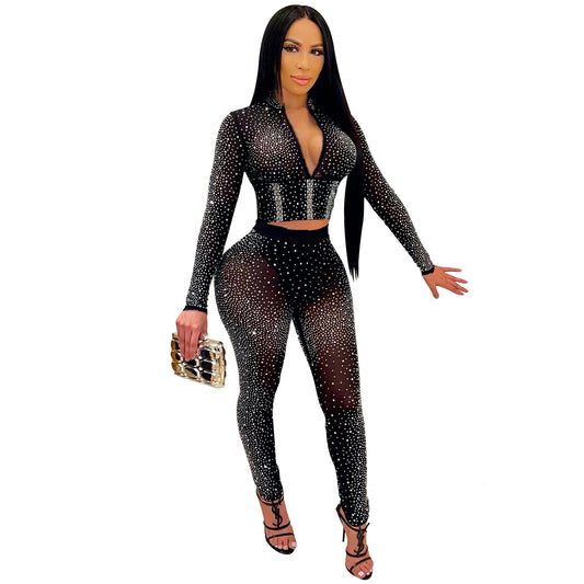 Sexy Mesh Rhinestone Long Sleeve Two-Piece Set