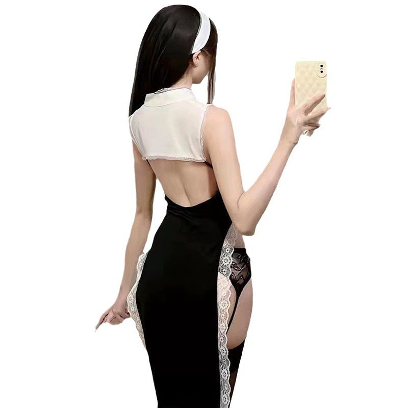 Sexy Nun Role Play Lingerie Set with High Slit