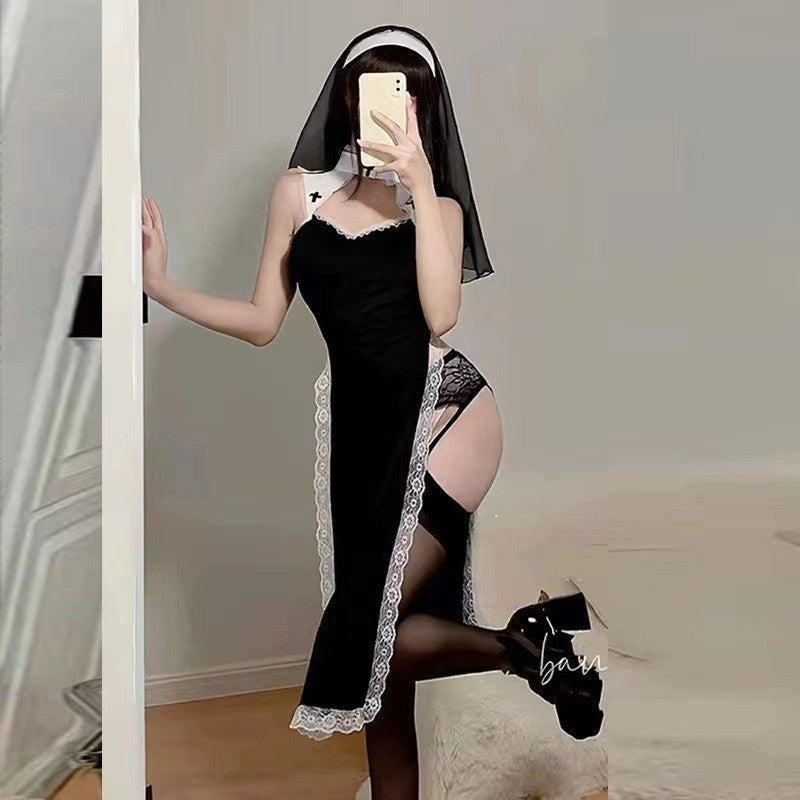 Sexy Nun Role Play Lingerie Set with High Slit
