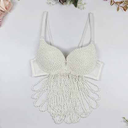 Sexy Pearl Tassel Fishbone Bra