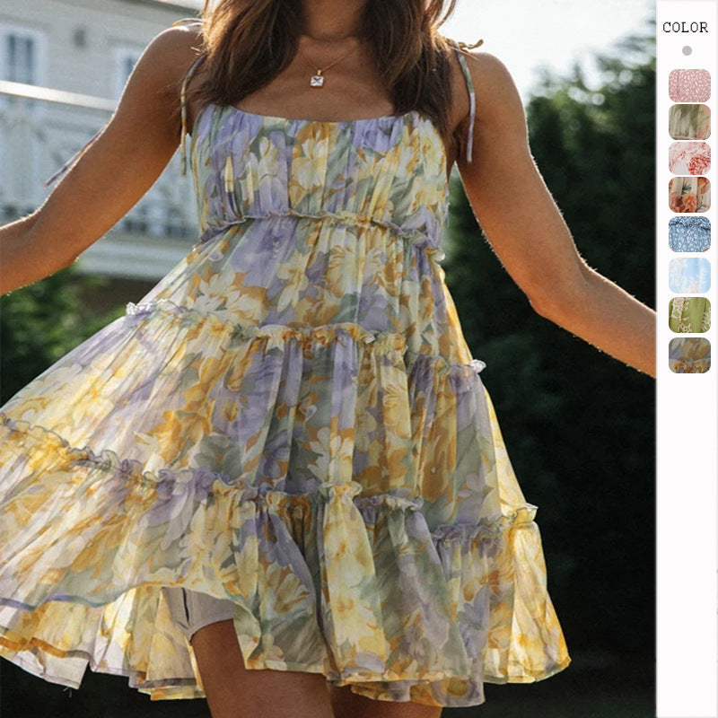 Sexy printed high-end European and American strappy dress