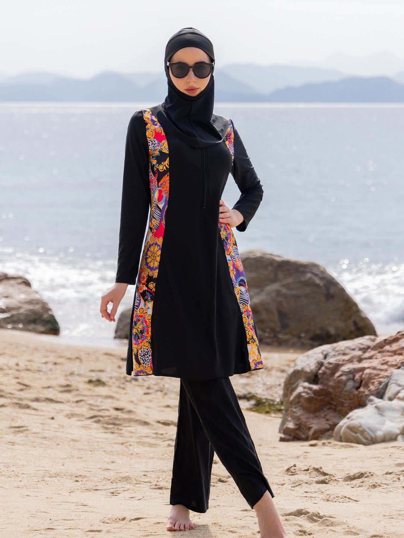 Sexy printed long-sleeved V-neck swimming suit