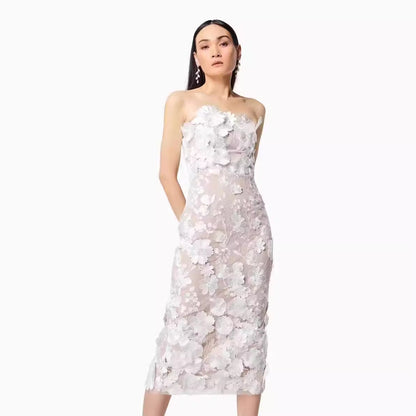 Sexy sleeveless, colorful three-dimensional flower embroidery, slimming, body-hugging, strapless dress, mid-length dress