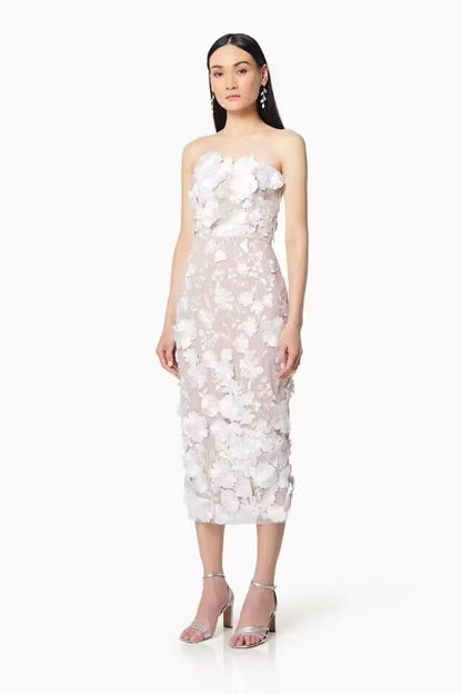 Sexy sleeveless, colorful three-dimensional flower embroidery, slimming, body-hugging, strapless dress, mid-length dress