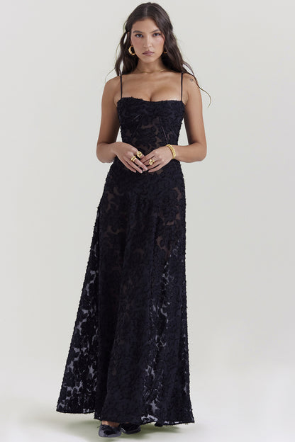 Sexy Sleeveless Strap Backless Dress Women Chiffon Embroidered Square Collar Ball Evening Dress 2024