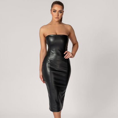 Sexy Slim Tube Top PU Leather Midi Dress