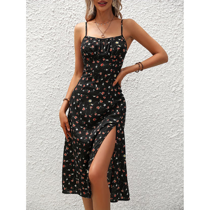 sexy suspenders slit floral dress