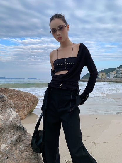 Sexy Swing Collar T-shirt and Wrap Top Set