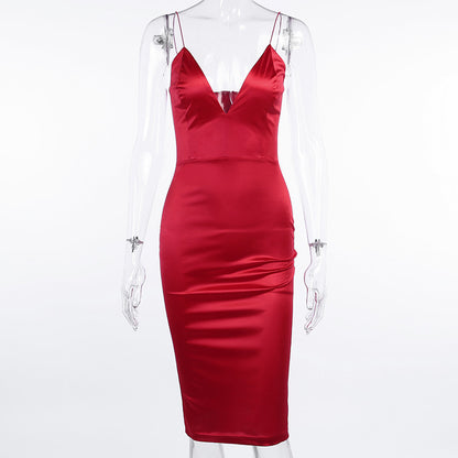 Sexy V-neck satin slip dress with slim fit