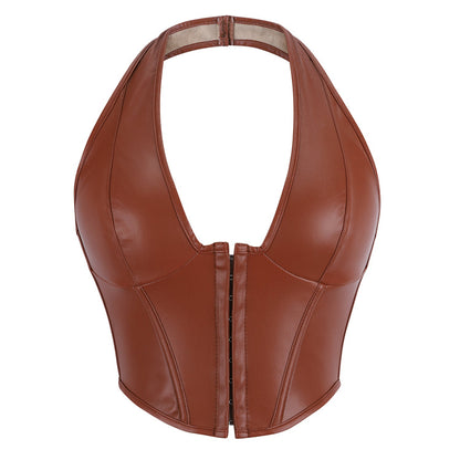 Shapewear Top, Solid Color Fishbone Corset, Fashionable Women's Clothing, Sexy Pu Leather Neck Hook & Button-Style Vest