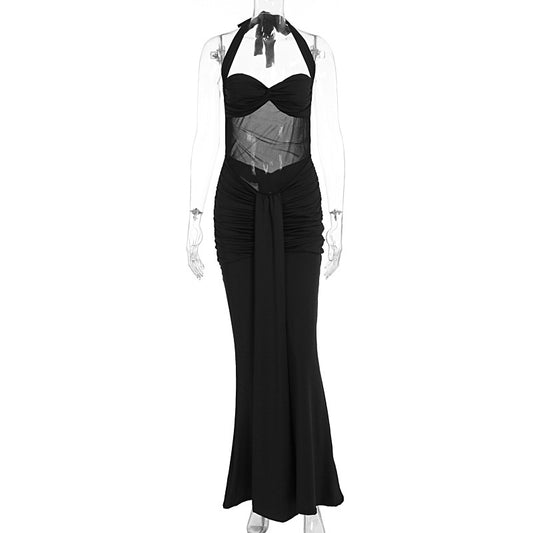 Sheer Backless A-Line Long Dress