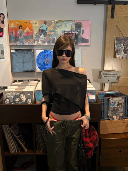 Sheer Chiffon One-Shoulder Blouse