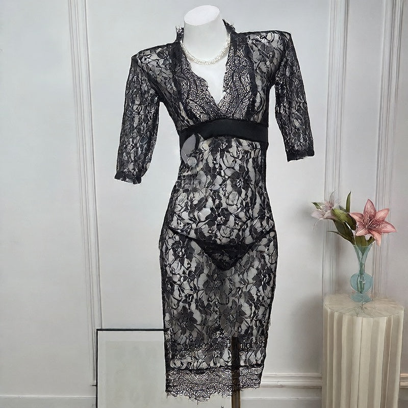 Sheer Lace Trim Nightgown with Adjustable Straps