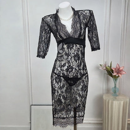 Sheer Lace Trim Nightgown with Adjustable Straps
