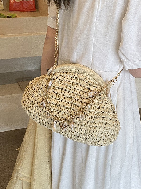 Shell Chain Straw Woven Crossbody Bag