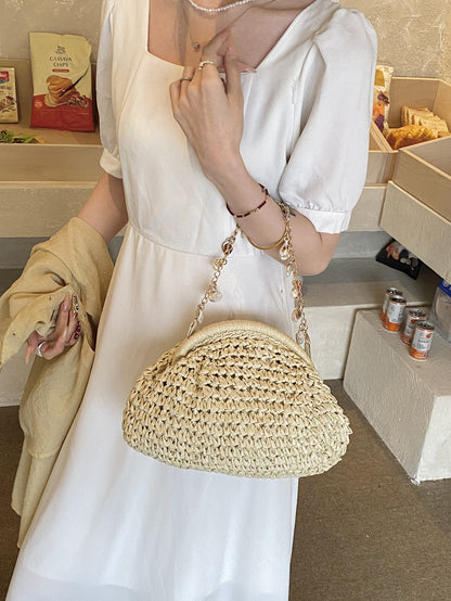 Shell Chain Straw Woven Crossbody Bag