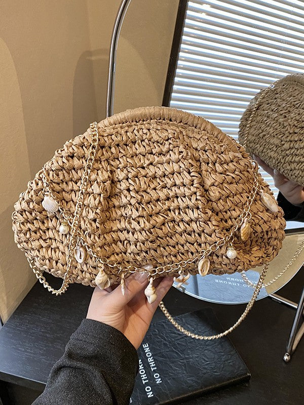 Shell Chain Straw Woven Crossbody Bag
