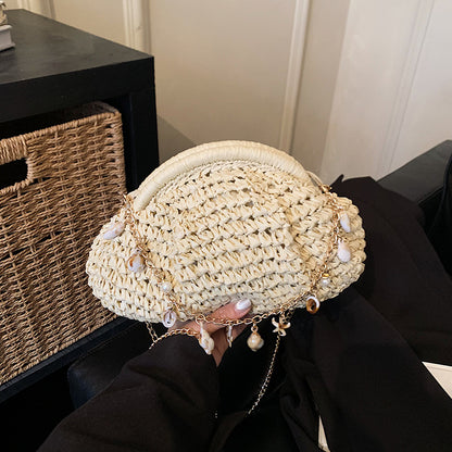 Shell Chain Straw Woven Crossbody Bag