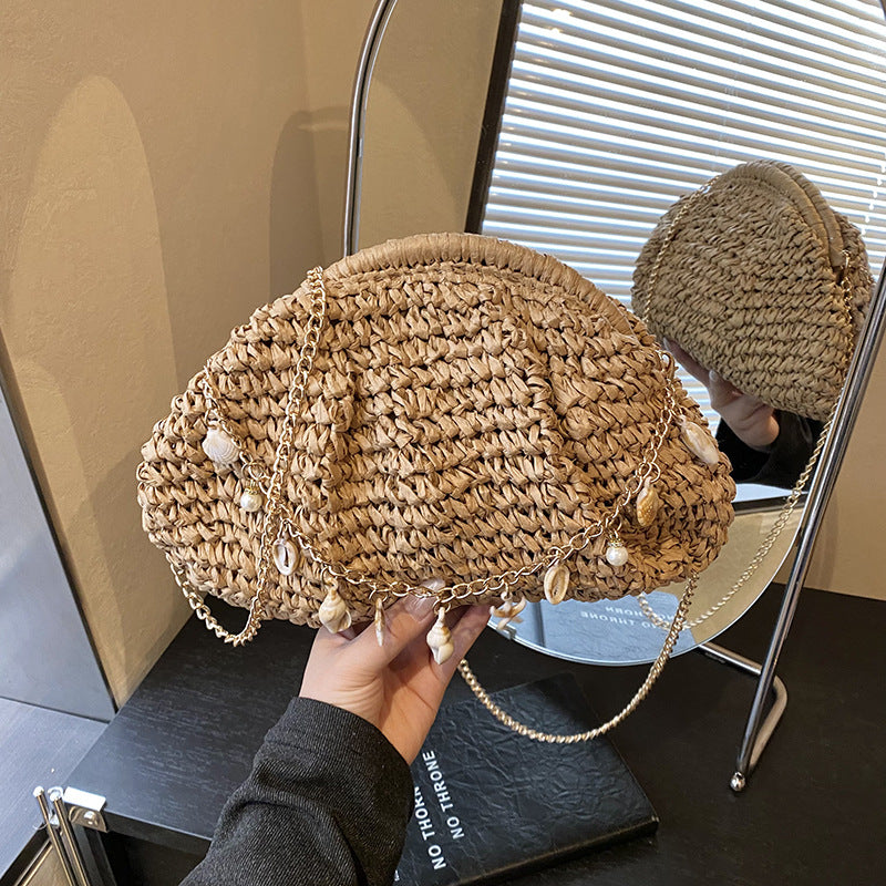Shell Chain Straw Woven Crossbody Bag