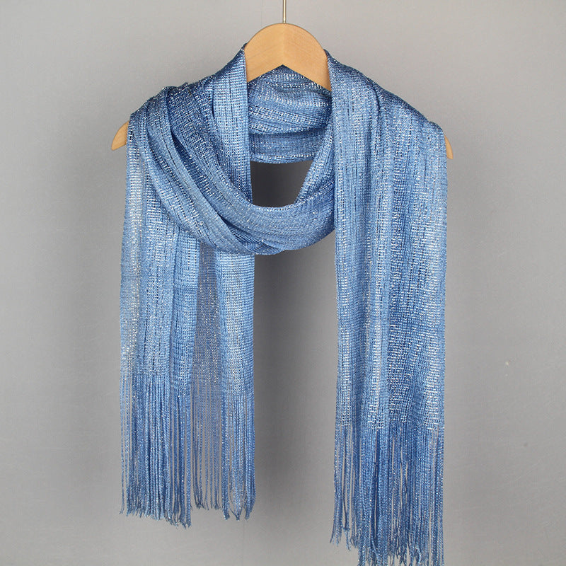 Shiny Silk Thread Scarf with Gold and Silver Tassels