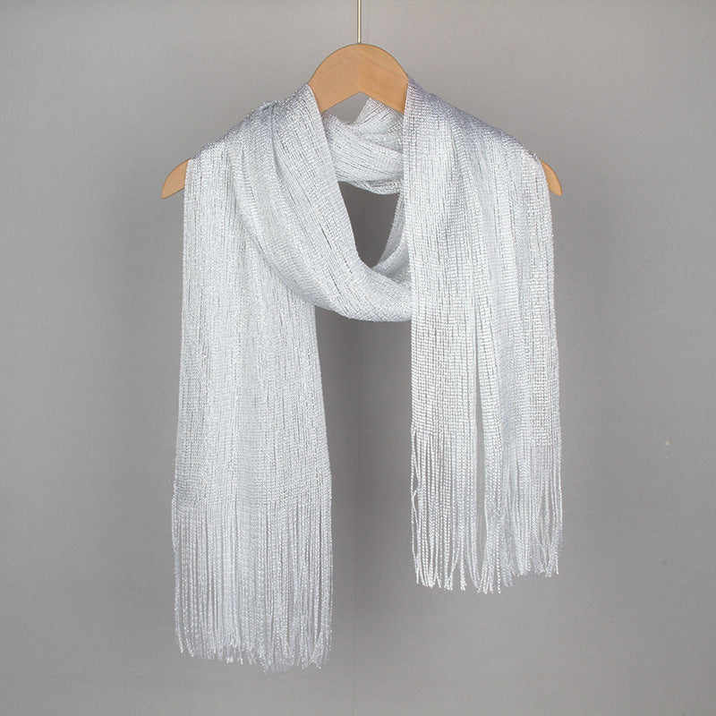 Shiny Silk Thread Scarf with Gold and Silver Tassels