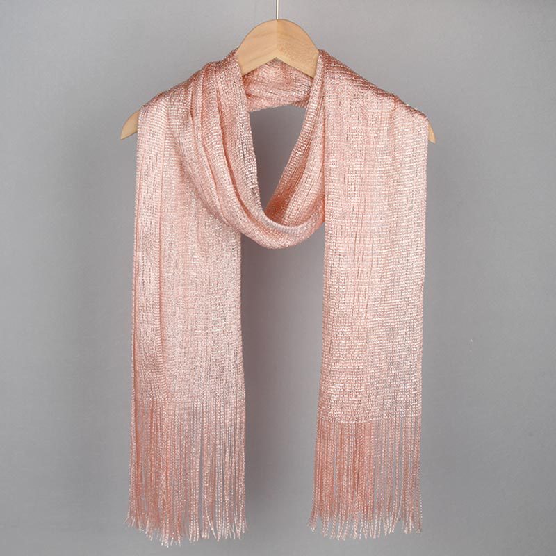 Shiny Silk Thread Scarf with Gold and Silver Tassels