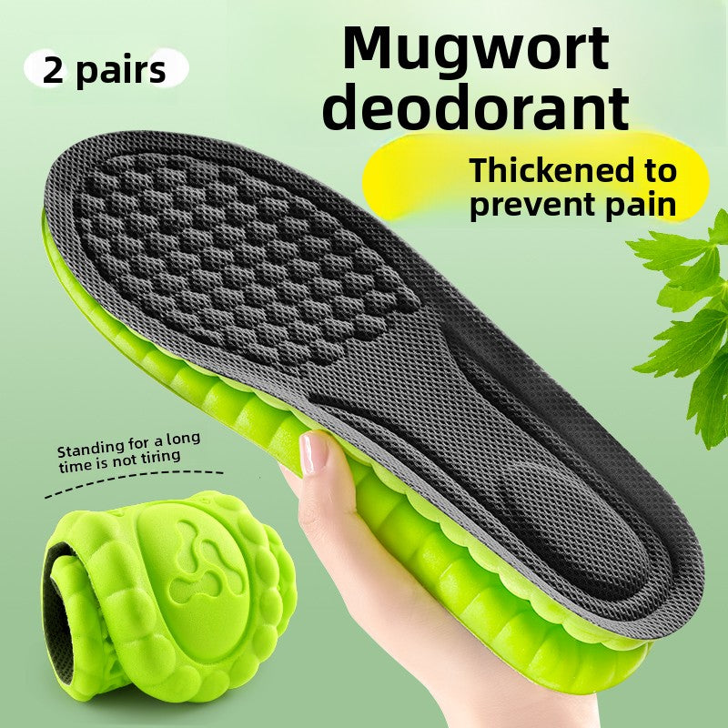 Shock-absorbing, sweat-wicking, and deodorizing insoles
