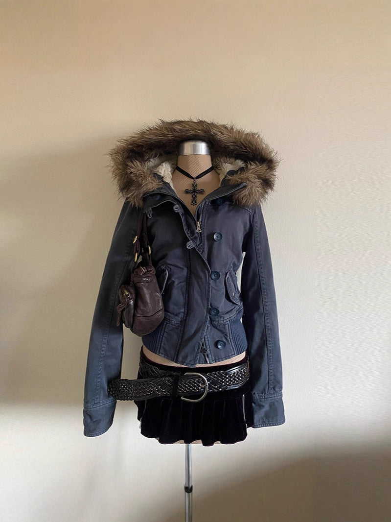 Short Denim Jacket with Fur Collar