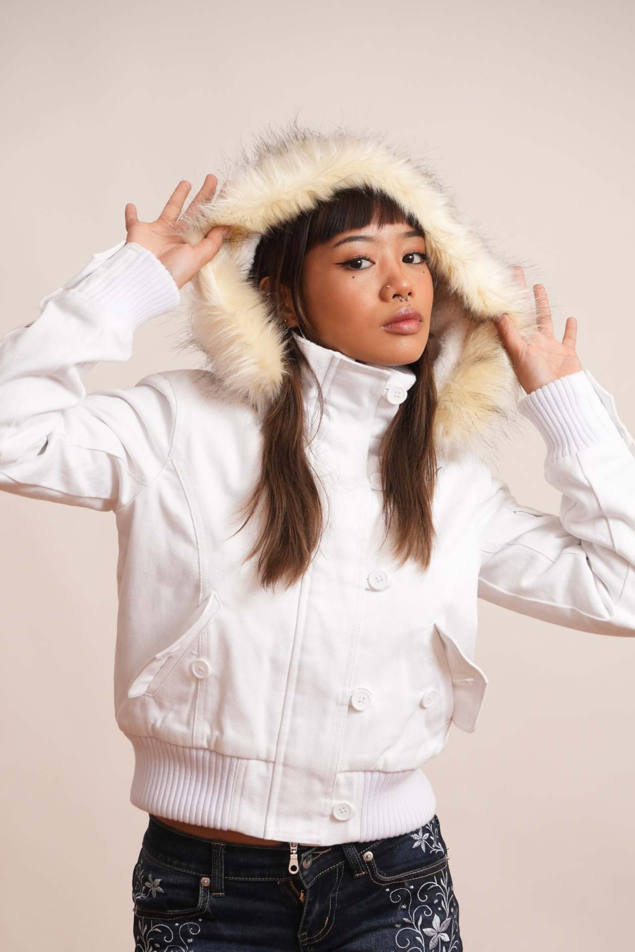 Short Denim Jacket with Fur Collar