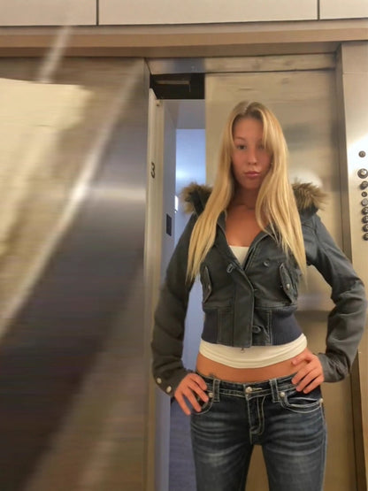 Short Denim Jacket with Fur Collar