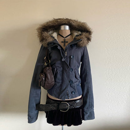 Short Denim Jacket with Fur Collar