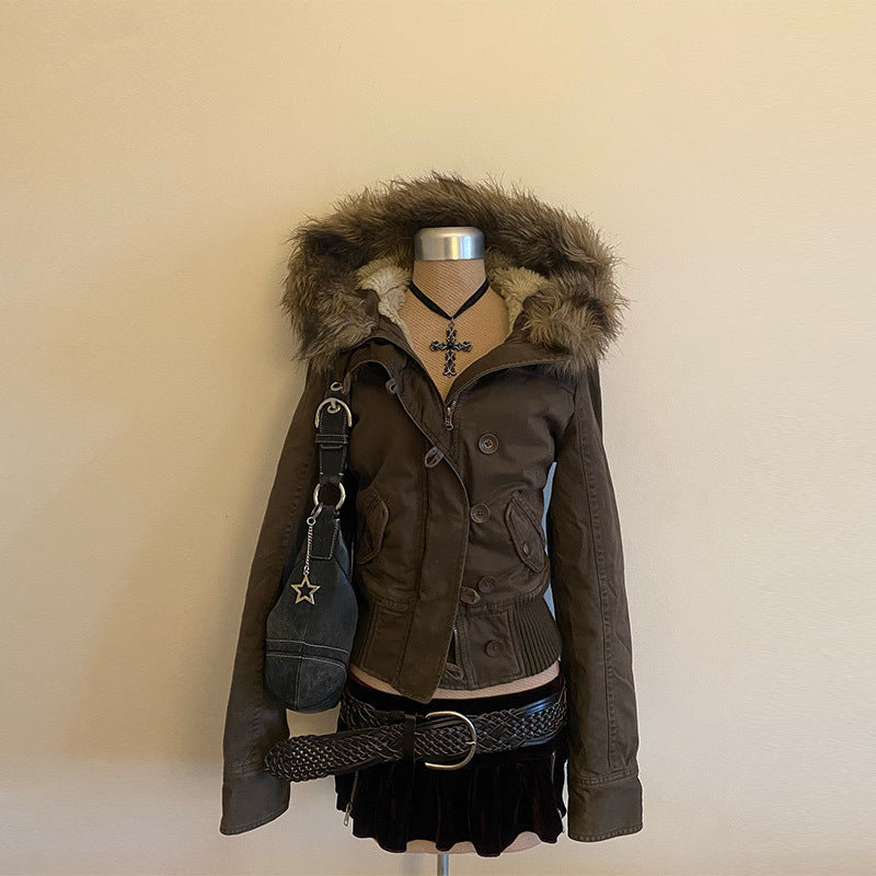 Short Denim Jacket with Fur Collar