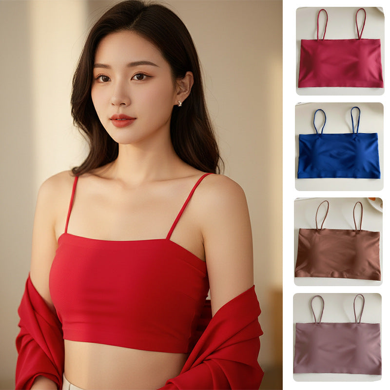 Short Seamless Ice Silk Camisole with Chest Pads, Comfortable and Breathable, No Rims, Beautiful Back Intimates, Bottoming Wrap, Breast Tube Top