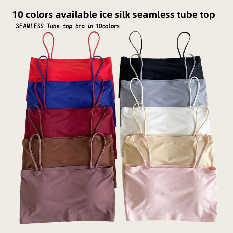 Short Seamless Ice Silk Camisole with Chest Pads, Comfortable and Breathable, No Rims, Beautiful Back Intimates, Bottoming Wrap, Breast Tube Top